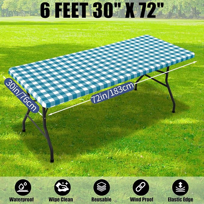 Smiry Picnic Table Cloth 6 Pack, Waterproof Elastic Fitted Tablecloths for 6FT Rectangle Tables, Washable Polyester Buffalo Plaid Tablecloth for Camping & Outdoor (Turquoise & White, 30" x 72")