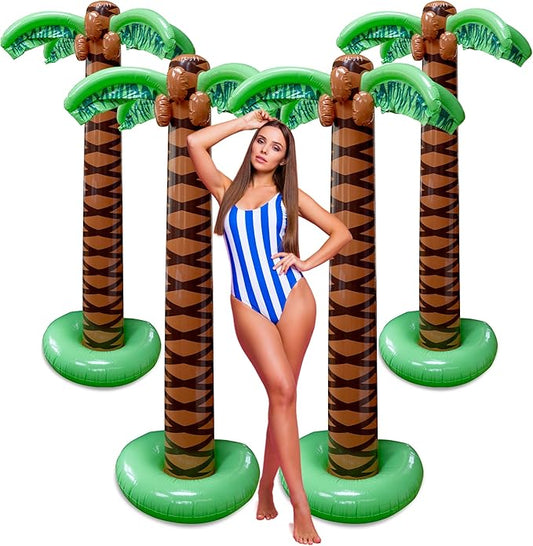 Playbees Giant Inflatable Palm Tree 6 Foot - 4PK - Beach Party Decorations for Summer Luau Themed Pool Party, Tropical Hawaiian Blow Up Palm Tree Favors - Poolside Ambiance, Easy Inflation