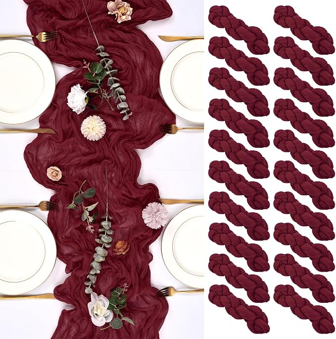 20 Pack Burgundy Table Runner 10FT Long Cheesecloth Table Runner Cheese Cloth Gauze for Wedding Party Birthday Decoration-Burgundy