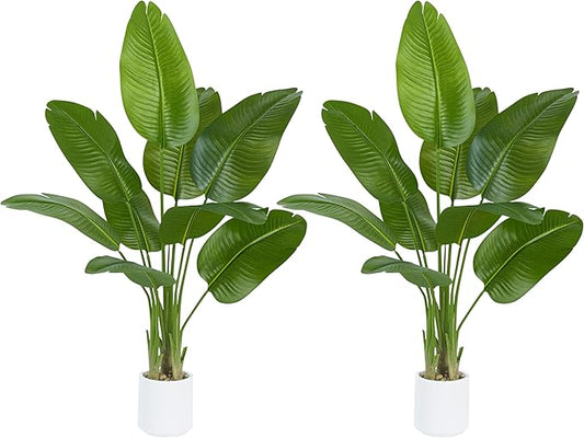 Pack 2 Artificial Bird of Paradise Plant 4FT Fake Palm Tree Feaux Plants in White Pot Artificial Tree Fake Plant for Indoor Outdoor Modern Decoration for Home Living Room Office