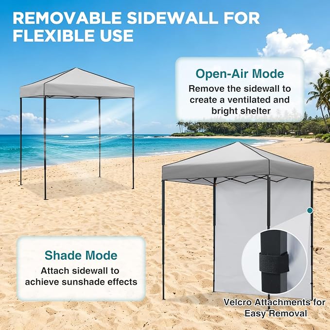 EAGLE PEAK 6x4 Instant Pop Up Canopy Tent with 1 Side Wall Panel, Straight Leg Sun Shelter, Portable Canopy with Carry Bag for Camping, Beach & Sports, Gray