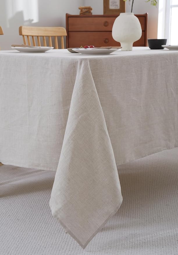 100% French Flax Linen Tablecloths Rectangle 132Lx60W Inch for Dinners, Parties, Easter, Halloween, Camping, Stone Washed, Textured, Machine Washable, 12-14 Sets (60''x132'', Natural Linen)