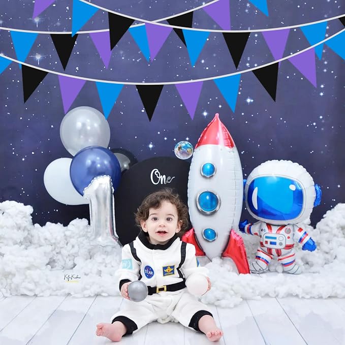 40Ft Purple Blue Black Fabric Bunting Banner Pennant Hanging Party Decorations Cotton Triangle Flag Garland for Boys Game Space Theme Galaxy Moon Birthday First Trip Around The Sun Baby Shower Decor