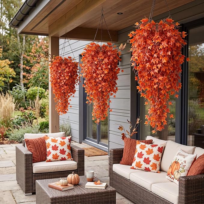 Daifunli 12 Pcs Artificial Fall Hanging Plants Fake Hanging Ferns Plastic Autumn Faux Plants for Wall Room Garden Garland Indoor Outdoor Decor No Basket (Maple Leaves)