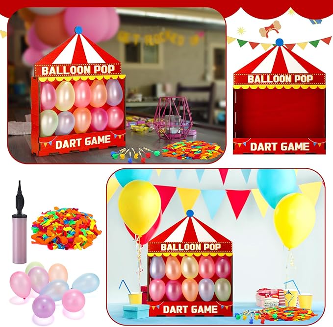Seenelling Balloon Dart Carnival Game Set Carnival Themed Wooden Box with 500 Balloon 8 Colorful Darts Adhesive Dots for Booth Game Birthday Party Backyard Lawn Event 16.5'' x 12.5'' x 4.5''