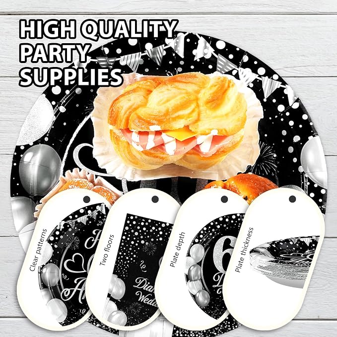 96Pcs Anniversary Decorations 60th Wedding Anniversary Party Plates Disposable Black Silver 60th Matrimony Celebration Paper Tableware Set for Women Men 60 Years of Love Party, Serves 24