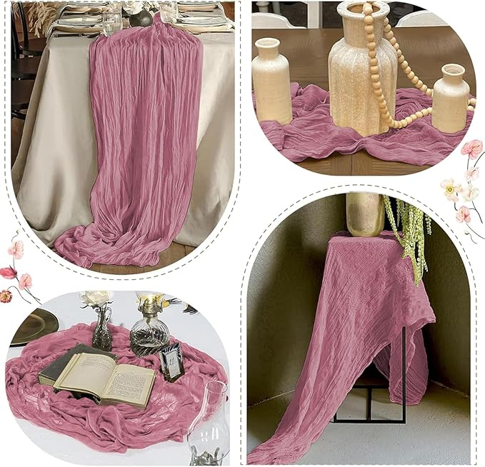 12 Pack Dusty Rose Cheesecloth Table Runner 17 x 108 Inch Gauze Table Runner Fabric Semi Sheer Cheese Cloth Table Decor Bulk for Rustic Romantic Wedding Baby Shower Table Decoration