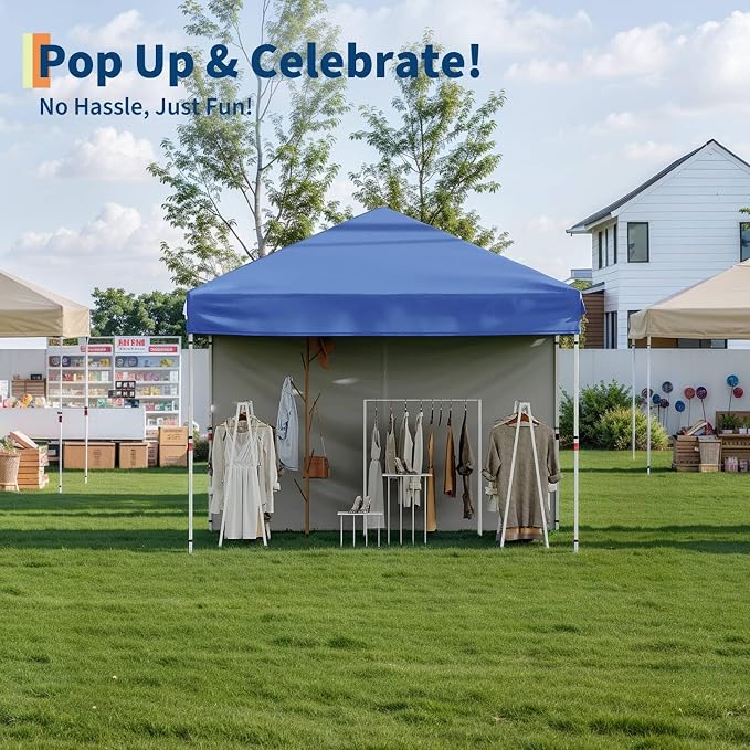 GarveeLife 10x10 Pop Up Canopy with One Sidewalls Easy Up Camping Tent with One Button Push Setup 1 Roller Bag 3 Adjustable Height 4 Weight Bags (Blue, 10x10 + 1 Sidewall)
