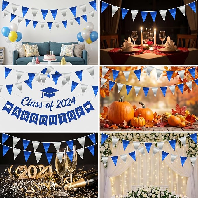 130FT Navy Blue Silver Triangle Pennant Banner Flag Metallic Fabric Bunting Garland for Christmas Graduation Birthday Wedding Bridal Shower Nautical Ahoy Achor Theme Party Decorations Supplies