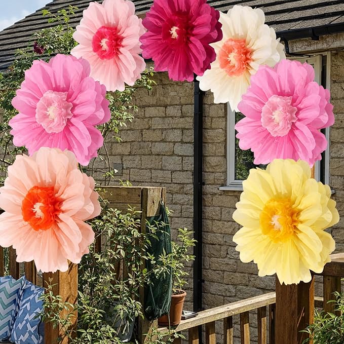 Giegxin 6 Pcs 31.5", 24" Giant Colorful Paper Flowers Mexican Fiesta Tissue Flowers for Wall Decorations Pink White Yellow Large Crepe Flower for Wedding Birthday Classroom Bridal Shower Bachelorette