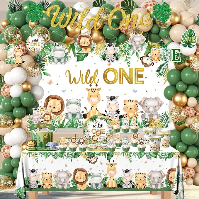Wild Birthday Decorations,Safari Birthday Decorations 277Pcs Wild Plates and Napkin Sets Banner Backdrop Tablecloth Cake Topper Balloon Garland for Jungle 1st birthday Decorations