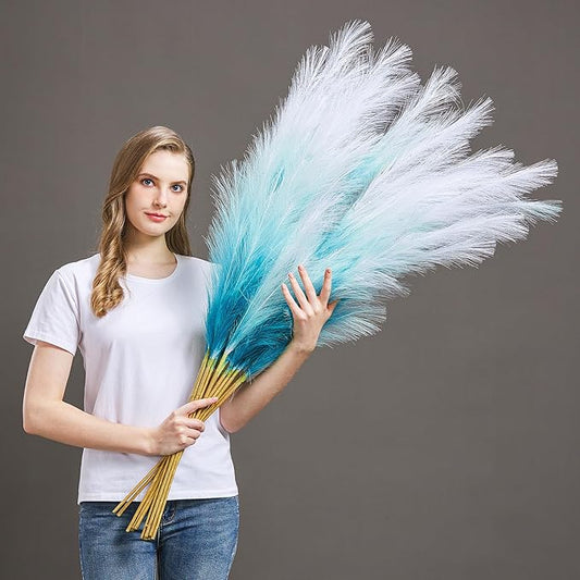 7 Pcs 45" Faux Pampas Grass – Fluffy Artificial Pompous Grass for Tall Floor Vase, Non-Shedding Home Decor, Boho Wedding Flowers, Baby Shower Centerpieces, Bedroom & Living Room Decor (Blue Gradient)