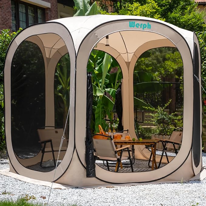 Werph 10x10 Pop Up Screen Tent, Mosquito Net Gazebo, UV Resistant, Beige | Roof Waterproof Screen Canopy, Quick Setup Outdoor Shelter for Backyard, Patio, Garden, Picnic, Camping and Events