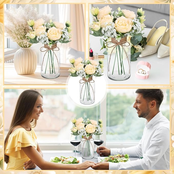 Zeyune 6 Sets Mason Jar Table Centerpiece with Artificial Peony Baby's Breath Flower Centerpieces Faux Flowers with Rope for Wedding Reception Engagement Bridal Shower Rustic Table Decor(Champagne)
