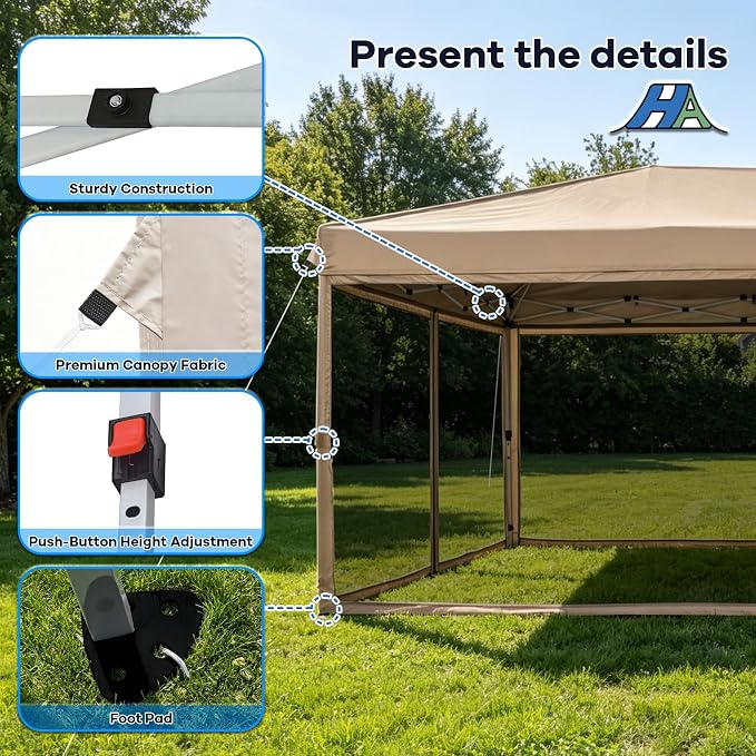10x20 Pop Up Canopy Tent with Mosquito Netting, Ez Up Portable Waterproof Instant Outdoor Screen Shelter, Pop Up Tent for Patio, Backyard, Parties, Camping and Events, Beige