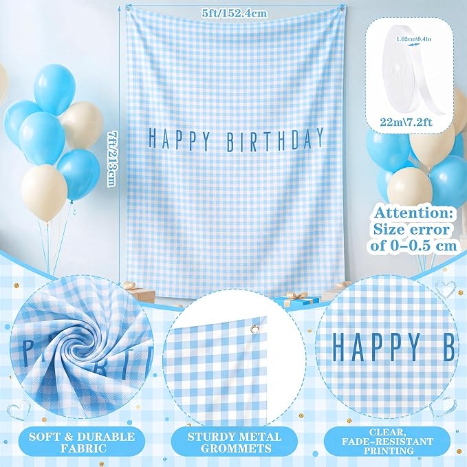 Flutesan 7x5ft Blue Gingham Happy Birthday Backdrop Large Banner Fabric Tapestry Birthday Party Decoration Baby Shower Linen Rustic Background Wall Photo Props Indoor Outdoor