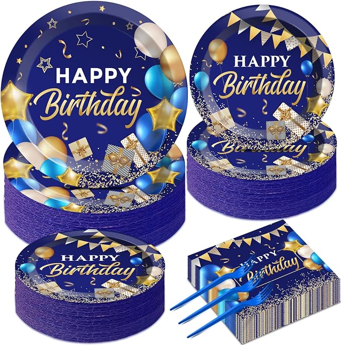 gisgfim 50 Guests Blue and Gold Birthday Plates and Napkins Party Supplies Navy Blue Party Tableware Set Blue Birthday Decorations Favors for Men Women Baby Shower 200 PCS