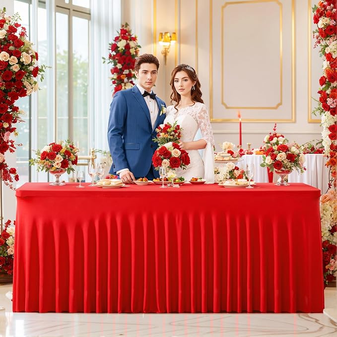 2 Pack Red Table Cloth for 8 Foot Rectangle Tables Spandex Fitted Tablecloth 8ft Stretch Table Covers Skirt Red Banquet Tablecloths Wrinkle Free Tablecloth for Party Wedding Birthday Event