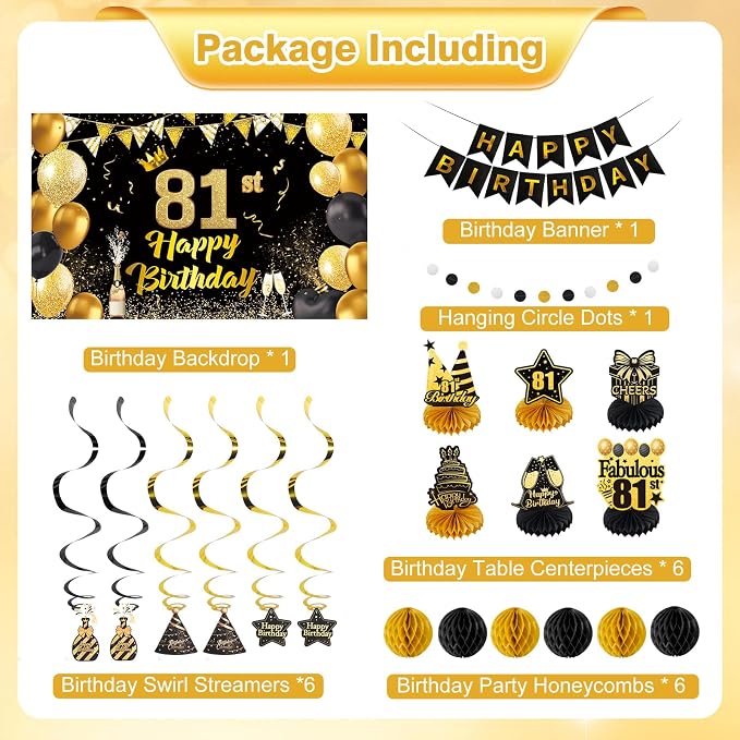 Happy Birthday Party Decoration Set: Including Birthday Banner Backdrop, Party Table Centerpieces and Hanging Swirl Party Streamers, Birthday Decor for Men and Women (Gold/Black, 81st Birthday)