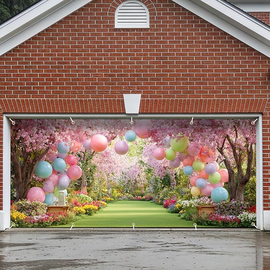 Cherry Blossom Garden Garage Door Banner Cover 7x16FT Waterproof –Pastel Balloon Arch & Floral Path Backdrop,Indoor Outdoor Decor for Spring Easter,Wedding,Baby Shower, Bridal Shower & Photo Booth