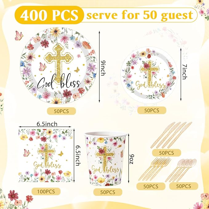 400 Pcs God Bless Flower Baptism Party Decoration Girl for 50, First Communion Confirmation Paper Plates Napkins Cups Cutlery Baptism Tableware for Christening Baby Shower Party Supply