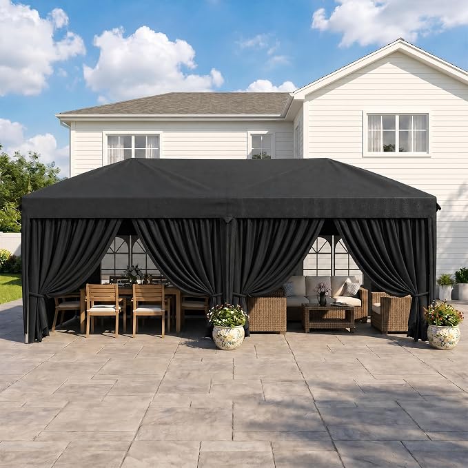KIGOTY 10x20 FT Portable Pop Up Canopy Tent, Adjustable Height Instant Gazebo with Sidewalls, Sandbags, Waterproof Outdoor Canopy for Camping, Parties, Vendor Events (Black, 3m × 6m with sidewalls)
