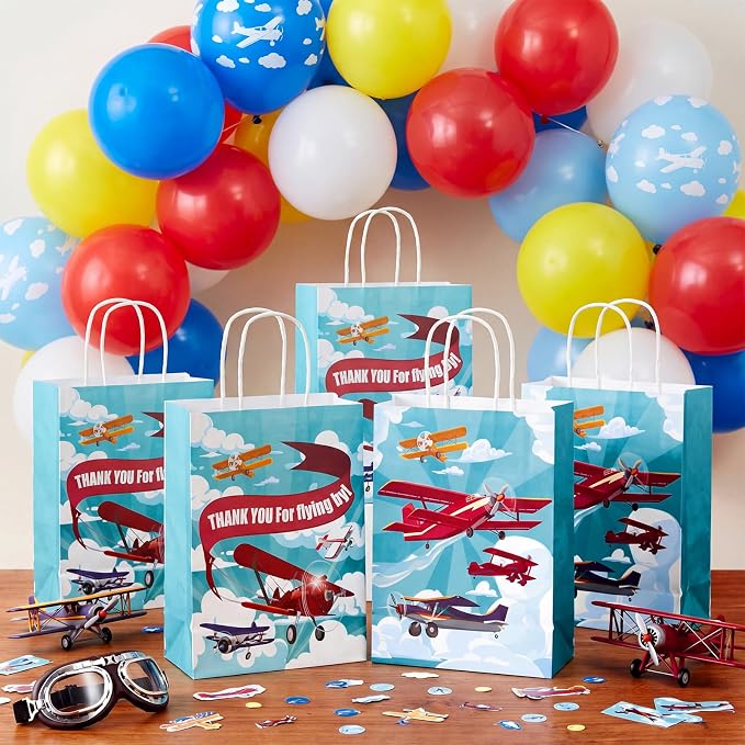 Outus 48 Pcs Airplane Party Favor Bags Paper Airplane Goodie Bags Plain Gift Pouch‌ Blue Aircraft Candy Treat Pouch‌ with Handles for Birthday Party Decorations Supplies