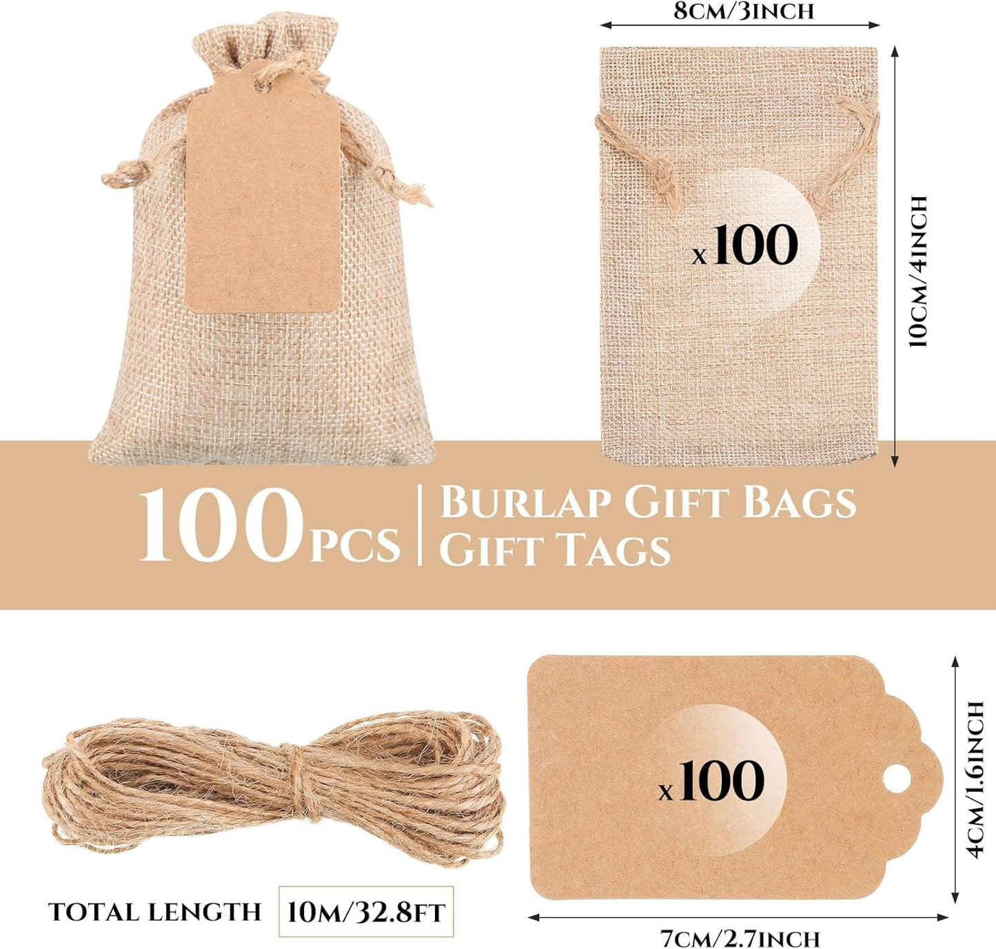 Woanger 100 Pcs Burlap Gift Bags with 100 Pcs Kraft Paper Gift Tags Drawstring Favor Bulk Burlap Sack Bags for DIY Wedding Party Craft(3 x 4 Inch,Light Brown)