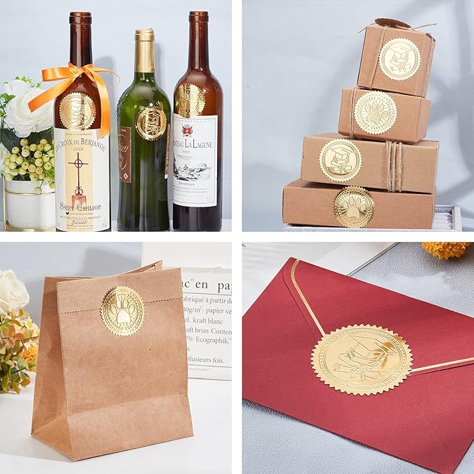 CRASPIRE 2 Inch Gold Embossed Envelope Seals Stickers Wine Glass 100pcs Round Adhesive Embossed Foil Seals Stickers Envelope Label for Wedding Invitations Party Gift Packaging Greeting Card