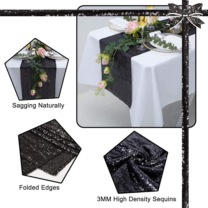 2 Pack Black Sequin Table Runner 12x108 Inch, High Density Sparkly Glitter Table Runners for Wedding Reception, Birthday Party, Banquet, Halloween, Black Metallic Shimmering Decor