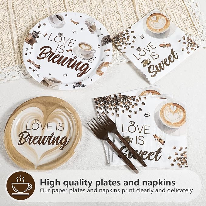 Grencian Love is Brewing Bridal Shower Decorations - 96Pcs Coffee Themed Bridal Shower Love is Brewing Plates and Napkins Disposable Tableware for Girls Wedding Engagement Party Decorations Serve 24