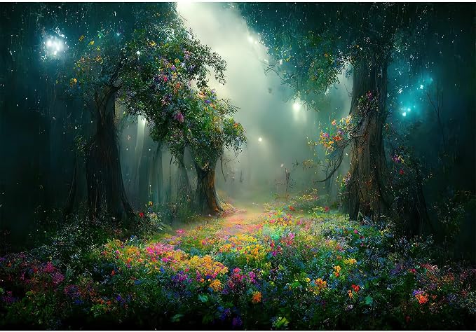 Fantasy Forest Backdrop Beautiful Magical Night Forest Landscape with Lush Flowers Photography Background Magic Field in Evening Light Backdrop Decors Artist Creation Background Props 15x8ft