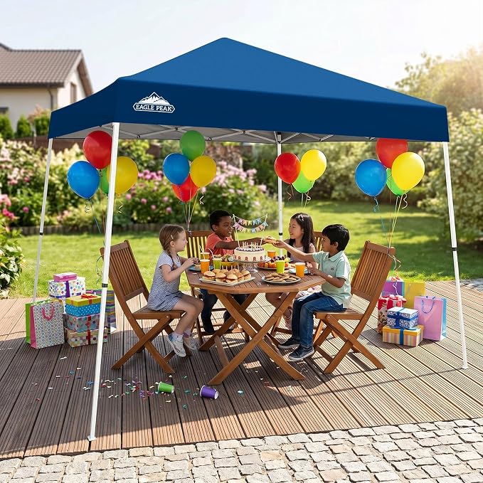 EAGLE PEAK 10x10 Slant Leg Pop-up Canopy Tent Easy One Person Setup Instant Outdoor Beach Canopy Folding Portable Sports Shelter 10x10 Base 8x8 Top (Dark Blue)