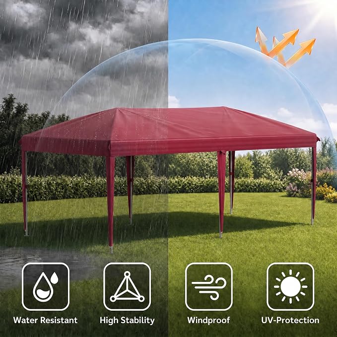 10x20 FT Portable Pop Up Canopy Tent with Sandbags, Adjustable Height Instant Gazebo Without Sidewalls,Waterproof Outdoor Canopy for Camping, Parties, Vendor Events (RED, 3m × 6m Without sidewalls)