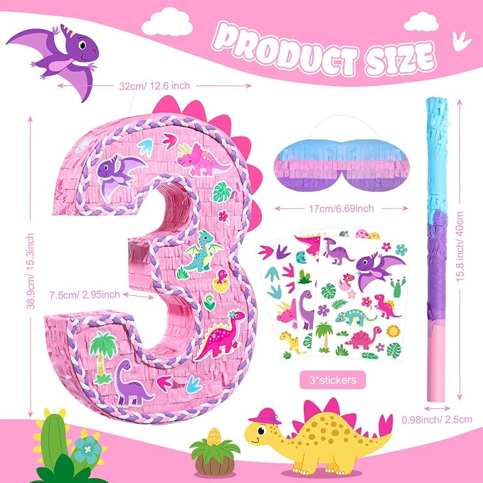 Dinosaur Pinata Set Dino Themed Pinata with Stick and Blindfold Girls Dinosaur Birthday Party for Animal Theme Party Decoration Baby Shower Game Supplies (Pink Dino)