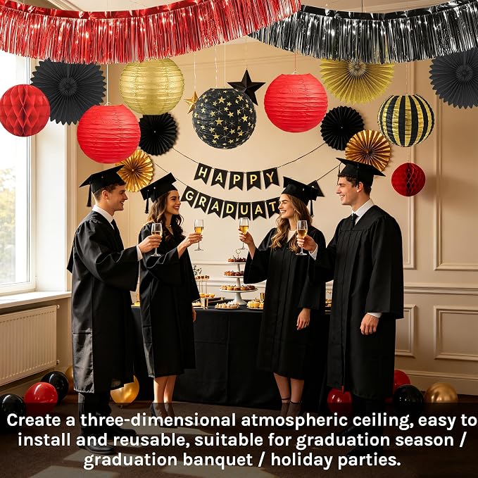 Red, Black & Gold Party Decorations for Birthday, Retirement, Graduation, Casino Night, Red Carpet, Hollywood Theme - Hanging Paper Lanterns, Fans & Streamers Set