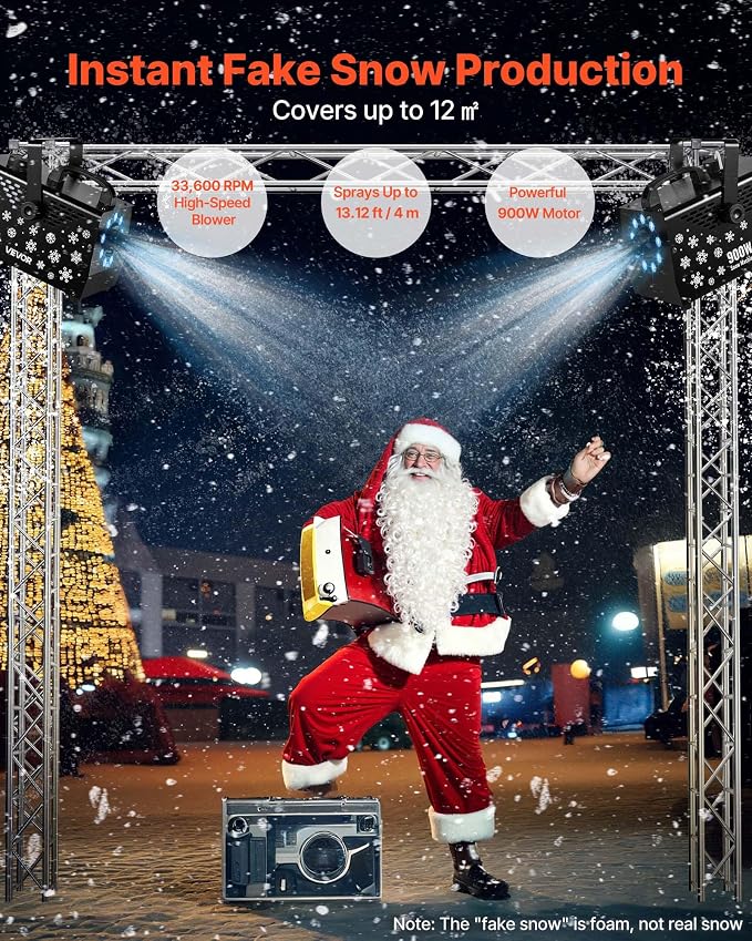VEVOR 900W Snow Machine with 9 LED RGB Lights, 12 LED Lighting Colors, and Wireless Remote, Handheld/Hanging Outdoor Snowflake Machine Fake Snow Machines with 1L Tank for Christmas Party