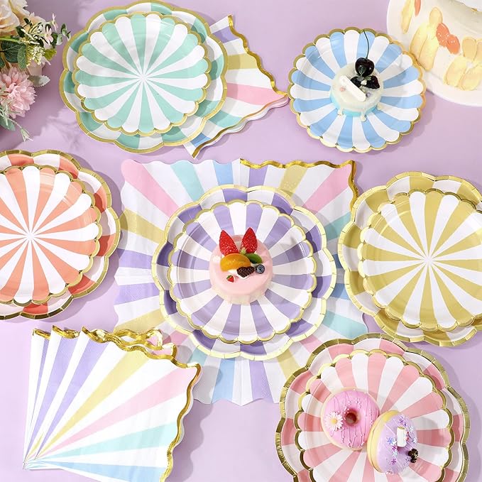 144 Pcs 48 Guests Pastel Striped Party Plates and Napkins Scalloped Pastel Carnival Paper Plates and Napkins Colored Disposable Tableware for Baby Bridal Shower Wedding Tea Party Supplies