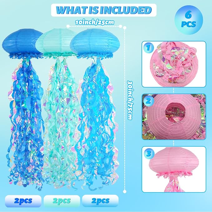 10" Blue Jellyfish Paper Lanterns, Under The Sea Party Decorations, Mermaid Birthday Decorations for Girls, Hanging Ocean Themed Pool & Beach Party Decor, DIY Jellyfish Lamp Room Decor, 6 PCS