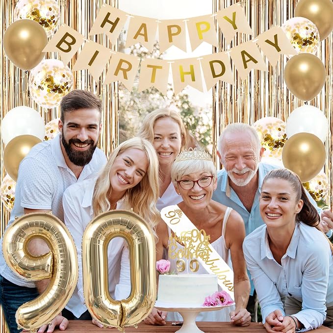 Trgowaul 90th Birthday Decorations for Women, Banner, Sash and Crown, Cake Topper, 90 Number Balloon, Fringe Curtains, Champagne Gold 90th Birthday Party Supplies