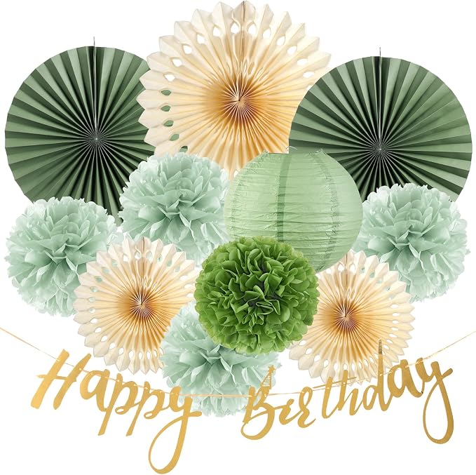 SUNBEAUTY Sage Green Birthday Decorations for Women Green Tissue Pom Poms Paper Lanterns Party Decorations Happy Birthday Banner Sage Green Paper Fans for Spring Garden Party Wedding Bridal Shower