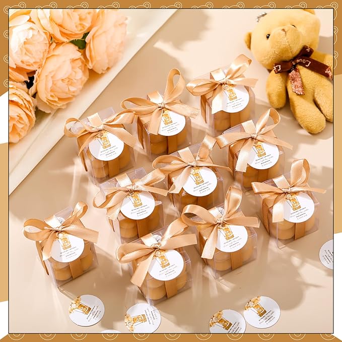 MTLEE 24 Sets Bear Baby Shower Bubble Candles Favors Small Baby Shower Favors for Guests Tea Candles Bulk with Stylish Ribbons Cards Gifts Party Decoration(Champagne, Bear)
