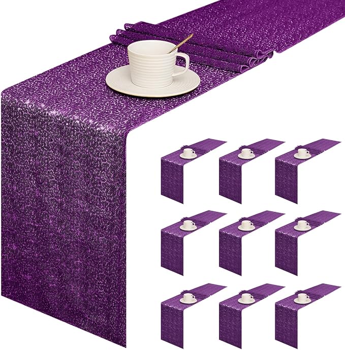 Sugargirl 10 Packs 12 x 72 inches Sequin Table Runner, Glitter Purple Table Runner for Birthday Party Supplies Wedding Holiday Celebration Event Decorations