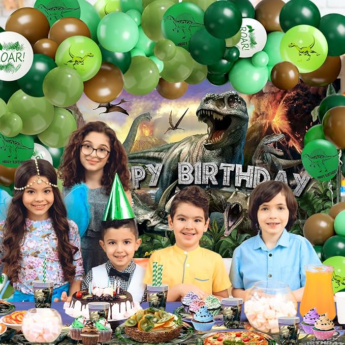 Dinosaur Birthday Decorations 280 PCS Dinosaur Birthday Backdrop Plates Napkins Tablecloth Balloons Jurassic Dino Party Supplies Serve 24