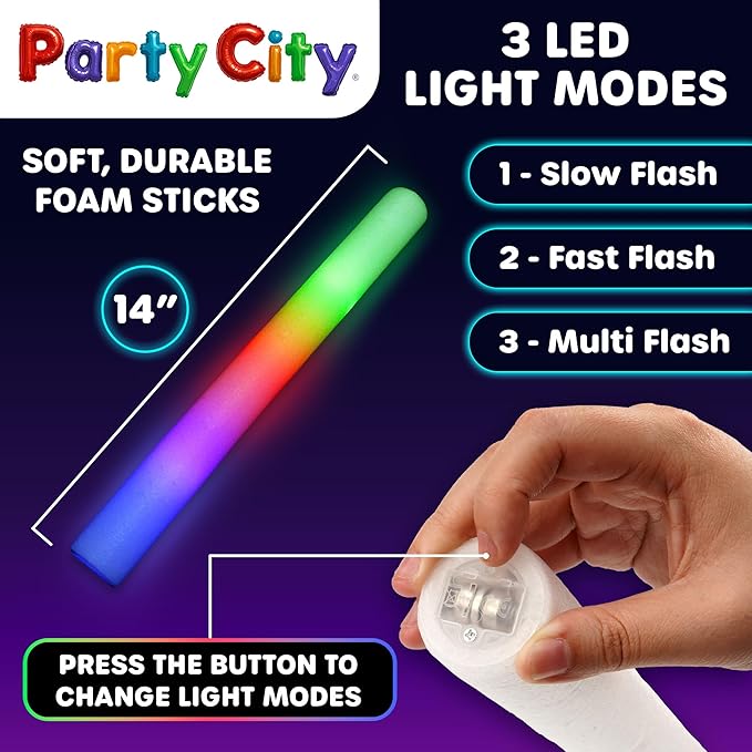 Party City 24pk LED Foam Glow Sticks 14”- Glow in the Dark Party Supplies Favors, Colorful Flashing Wand with 3 Modes, Foam Light Up Sticks Bulk Party Pack for Wedding, Birthday, Concert, Halloween