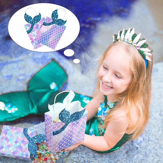 Leinuosen 32 Pcs Mermaid Party Favor Bags Mermaid Gift paper Bags with Handles Princess Theme Birthday Decoration Treat Candy wrap packs for Baby Shower Birthday Pool Party Supplies