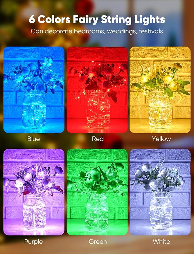 Brightown 12 Pack Multi Color Led Fairy Lights Battery Operated String Lights Waterproof Silver Wire 7 Feet 20 Led Firefly Starry Moon Lights for DIY Wedding Party Bedroom Patio Christmas