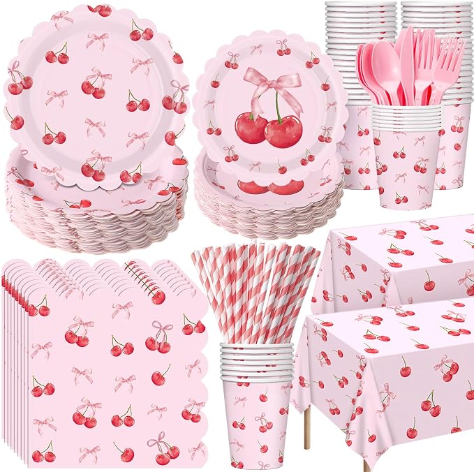 Funnymoom 452 Pcs Cherry and Bow Party Decoration Serves 50, Cherry Birthday Baby Shower Scalloped Paper Plates Napkins Cups Tablecloth Cutlery Straws for Pink Bow Birthday Baby Shower Party Supplies