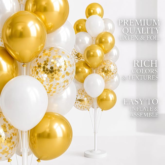 Hiins Balloon Column Kit Set of 2 With Metallic Gold Confetti&White Balloons - with Base,Pole,Balloon Tower Decoration for Graduation Wedding,Baby Shower,Birthday Party,Bachelorette Party