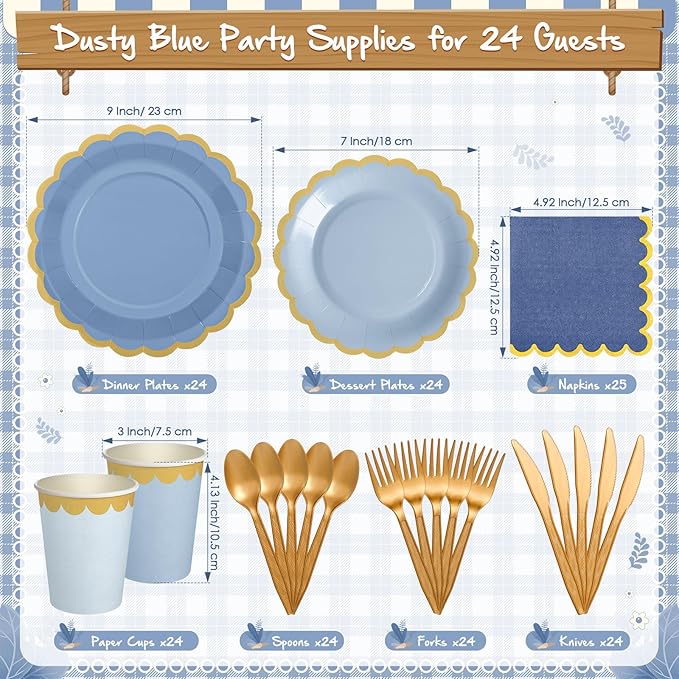 Mimorou 169 Pcs Dusty Blue Plates and Napkins Party Supplies for Guests Blue Tableware Include Scalloped Plates Paper Napkin Cup Spoon Fork Knife for Baby Shower, Wedding, Birthday